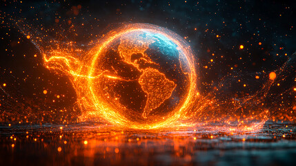 Obraz premium World in Motion: Abstract Globe with Migrating Lines Symbolizing Global Refugee Crisis