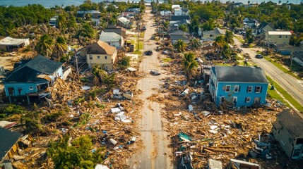 Aerial view of a hurricane's aftermath, homes flattened, trees uprooted, and debris scattered across a coastal town, illustrating the sheer devastation