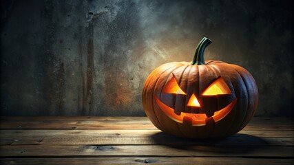 Illuminated Jack-o'-Lantern on Rustic Wooden Table.
