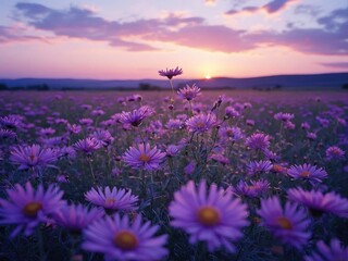 Obraz premium A field of purple wildflowers with the sun setting in the distance.