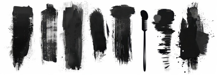 Abstract Black Ink Brushstrokes and Splashes on White Background