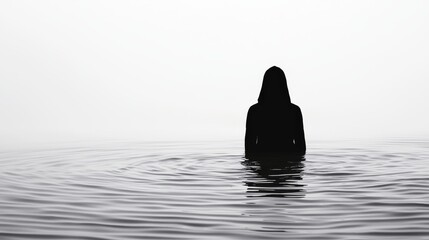 A silhouette of a woman in a raincoat standing in waist deep floodwater