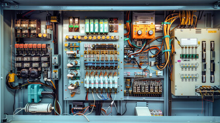An industrial control panel showcases a variety of circuit boards, wires, and motors against a light blue backdrop, highlighting intricate design and engineering
