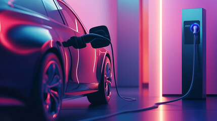 Stacja ładowania samochodu elektrycznego, gdzie zasilacz łączy się z akumulatorem pojazdu.