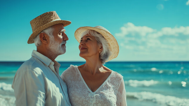 Starsza, zakochana para spędzająca romantyczne chwile nad brzegiem oceanu.