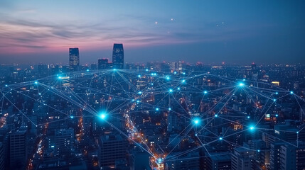 Sieć połączeń w inteligentnym mieście, ukazująca jak nowoczesne technologie integrują infrastrukturę miejską. 