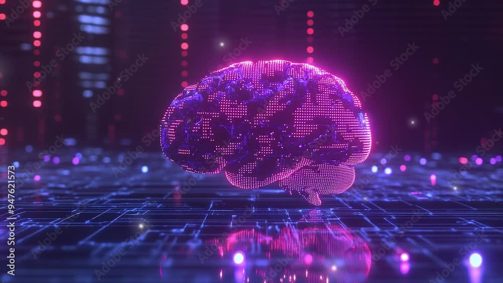 Poster hologram of the brain. brain and technology network. digital brain with glowing circuit patterns. fu