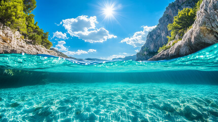 Naklejka premium Podwodny kadr, pokazujący bezchmurne, słoneczne niebo i krystalicznie czystą wodę morską. 