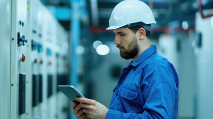 Industrial Engineer using handheld electronic devices for tracking and monitoring deep field in a manufacturing or production facility