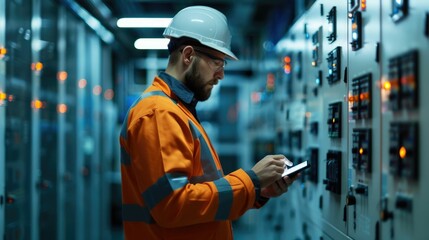 Professional Engineer Using Handheld Devices and Monitoring Systems for Tracking and Analyzing Data in an Industrial Manufacturing or Power Grid Infrastructure Environment