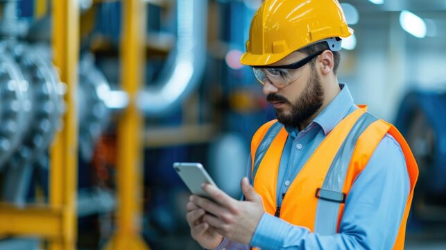 Male engineer or technician wearing safety gear like yellow hard hat and orange reflective vest using a handheld digital device or smartphone for tracking