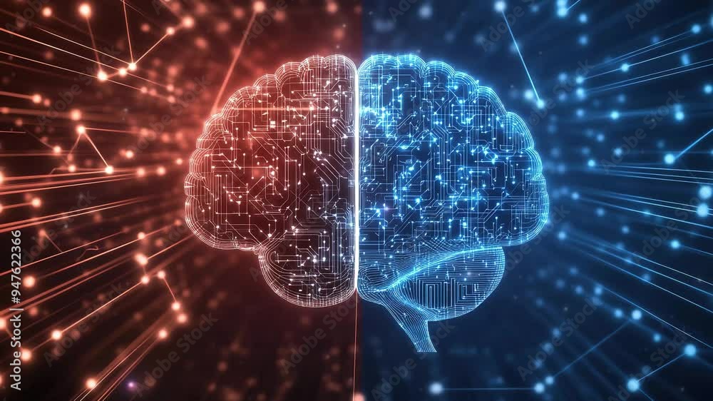 Poster hologram of the brain. brain and technology network. digital brain with glowing circuit patterns. fu