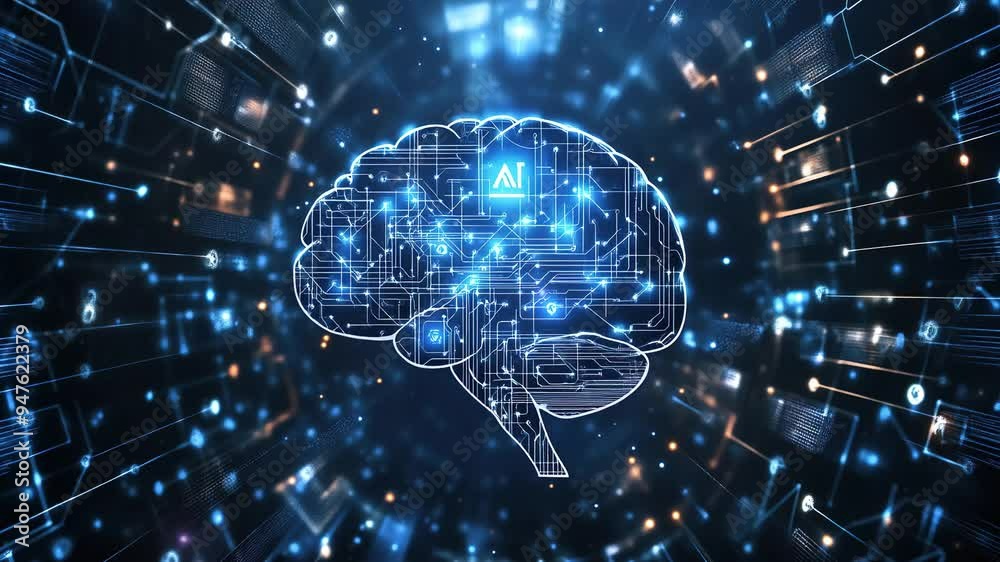 Poster hologram of the brain. brain and technology network. digital brain with glowing circuit patterns. fu