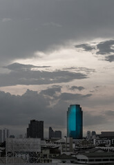 Architecture exterior of Modern high-rise buildings of Dramatic sky in the city of Bangkok. Picturesque view of skyscrapers before Sunset, Space for text, Selective focus.