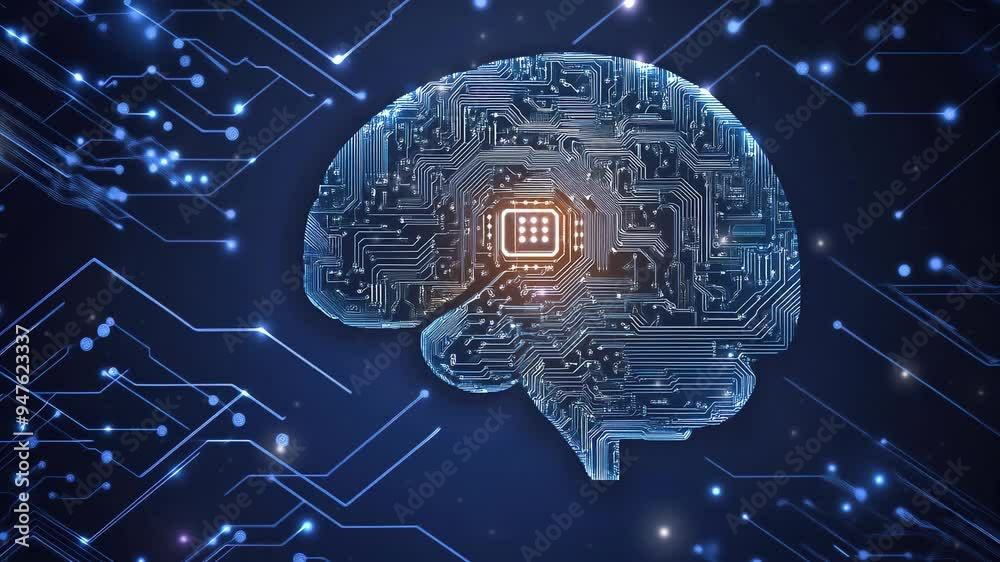 Poster hologram of the brain. brain and technology network. digital brain with glowing circuit patterns. fu