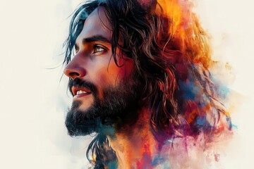 ethereal portrait of jesus christ rendered in vibrant watercolor style luminous aura expressive brushstrokes and radiant color palette evoking spiritual and artistic depth