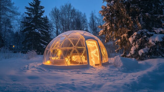Illuminated Geodesic Dome in a Snowy Forest