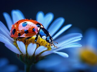 A ladybug with water droplets perched on a white daisy flower with a blurry background.