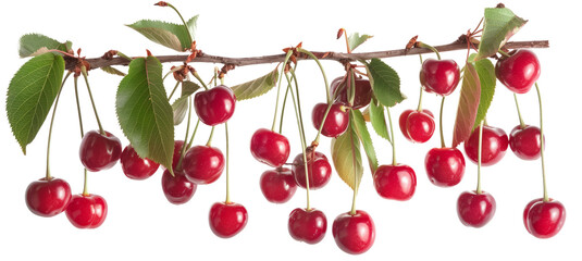 Bunch of cherries hanging from a branch, isolated on white background