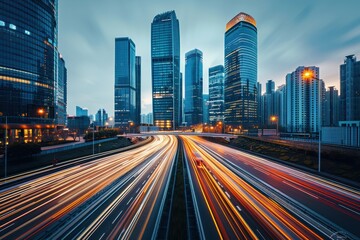Fototapeta premium Cityscape with a Highway Full of Light Trails at Dusk