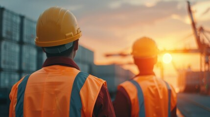 Cargo securing techniques by port workers with deep depth of field captured at sunset
