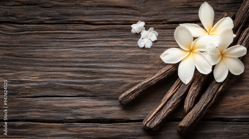 Sticker Vanilla Bean Pods and White Flowers on Rustic Wooden Background