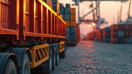 Break bulk loading procedures at the cargo terminal with heavy machinery containers and trucks in a moody night scene with warm colorful lighting and depth of field effect