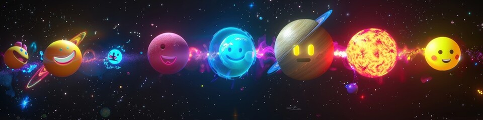 Fototapeta premium Glowing emojis arranged like planets in a stylized solar system.