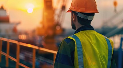 Engineer in hardhat and safety vest directing crane for loading materials at a busy urban construction site during sunset with a cityscape in the background