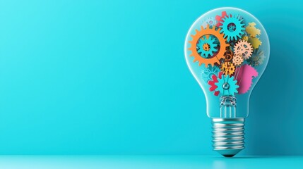 Bright idea lightbulb with colorful gears and cogs inside
