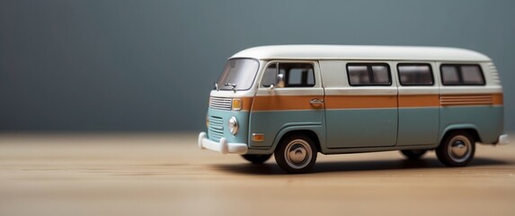 Vintage Camper Van Model on Wooden Surface