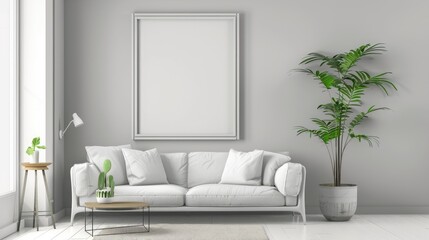 Minimalist living room with a blank wall frame and a single plant