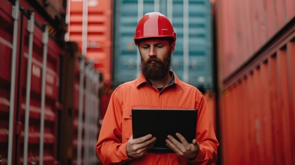 Logistics team member in uniform and hard hat holding digital tablet for RFID tracking and monitoring of cargo containers in an industrial warehouse or distribution center