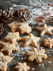 Sweet delicious Christmas cookies in the shape of stars and snowflakes. New Year's gingerbreads. 