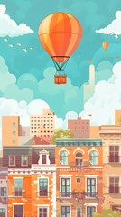 Fototapeta premium Hot Air Balloon Flying Over Cityscape Illustration