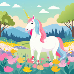 Unicorn in the field of flowers. Vector illustration of magic horn horse in flat style.