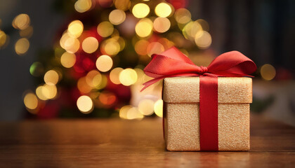 Close up of gold wrapping paper Christmas gifts, red ribbon on wooden table at home with warm bokeh light for luxury present background concept
