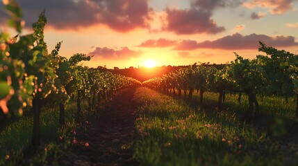 44. "A stunning 3D render of a scenic vineyard at sunset with rows of grapevines and a distant horizon