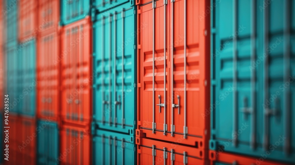 Wall mural Cargo containers stacked in rows with a deep depth of field showcasing the retrofitting and customization for specialized goods transportation storage and logistics