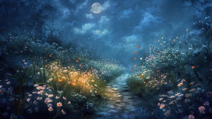 Moonlit Path Through a Magical Forest Garden