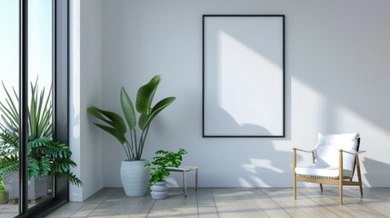 Minimalist living room with a blank wall frame and a single plant