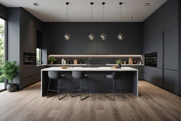 contemporary kitchen in a modern style, wooden floor, dark grey interior