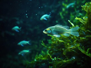 A school of small, silvery fish swim through a lush underwater forest of green seaweed.