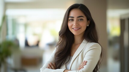 Obraz premium A successful and confident Arab Hispanic smiling Latinx Indian businesswoman in the office, with arms crossed and a warm smile, representing female leadership and empowerment in the corporate world, s
