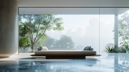 Fototapeta premium Minimalist Interior Design with a View of Greenery and Fog