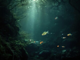 A single fish swims through a dark underwater cave with sunlight streaming in, illuminating the water.
