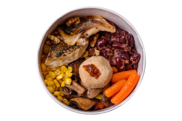 A colorful vegetarian dish consists of fish, beans, corn, mushrooms