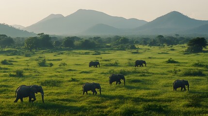 Obraz premium 3. An elephant herd crossing a lush, green grassland with distant mountains in the background, bathed in soft morning light