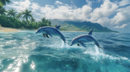 Fototapeta premium 6. A pair of graceful dolphins leaping above the waves in a clear blue ocean, with a distant tropical island in the background