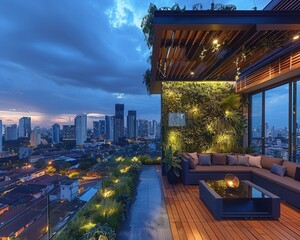 Obraz premium Modern Rooftop Terrace with City Skyline View and Lush Greenery